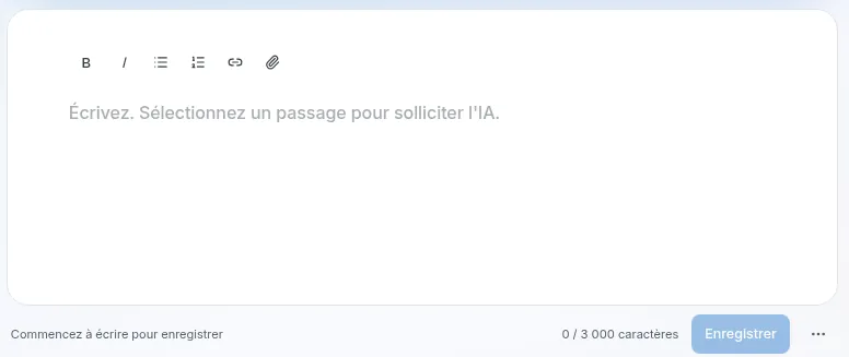 Barre de mise en forme de l'éditeur Zapify avec les boutons gras et italique et le compteur de 3 000 caractères