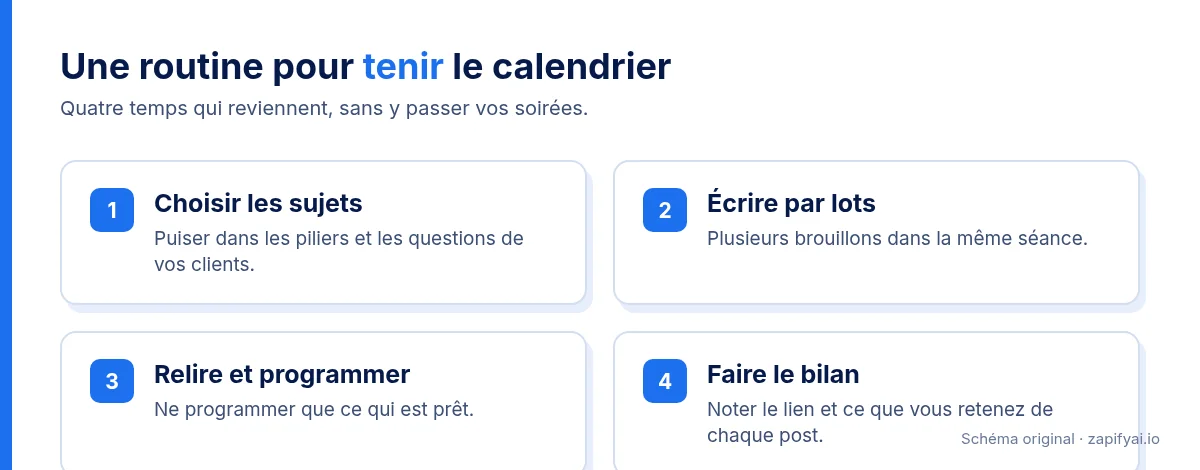 Une routine en quatre temps pour tenir un calendrier éditorial LinkedIn : choisir les sujets, écrire par lots, relire et programmer, faire le bilan. Schéma original.