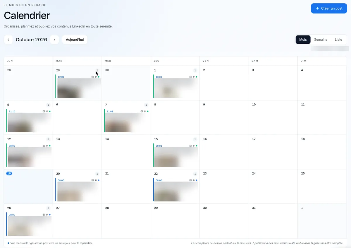 Calendrier éditorial Zapify en vue mois : les posts LinkedIn planifiés sur octobre, à déplacer par glisser-déposer