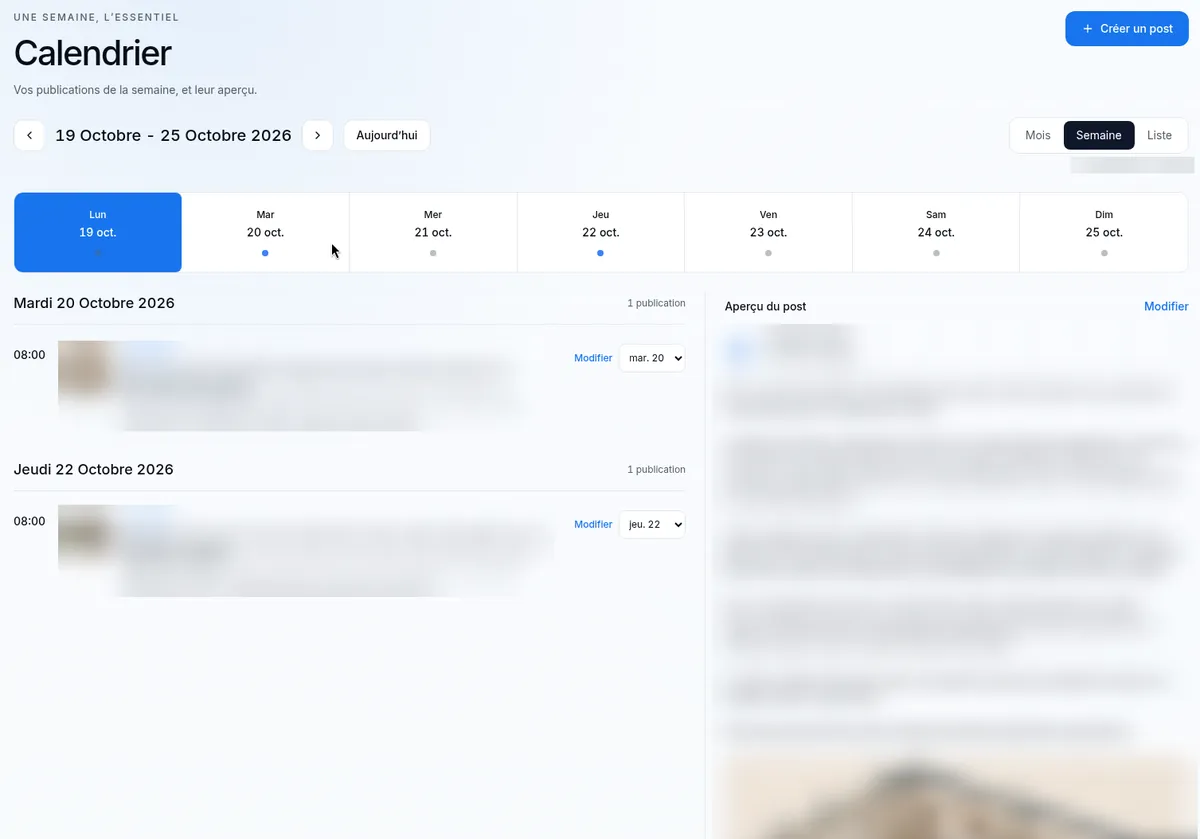 Calendrier éditorial Zapify en vue semaine, avec les posts programmés par jour et l'aperçu du post sélectionné