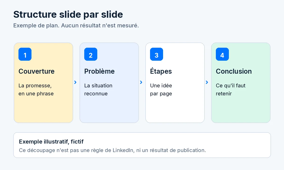 Schéma en quatre cartes : couverture, problème, étapes avec une idée par page, puis conclusion. Un bandeau précise qu'il s'agit d'un exemple illustratif fictif, sans résultat mesuré.