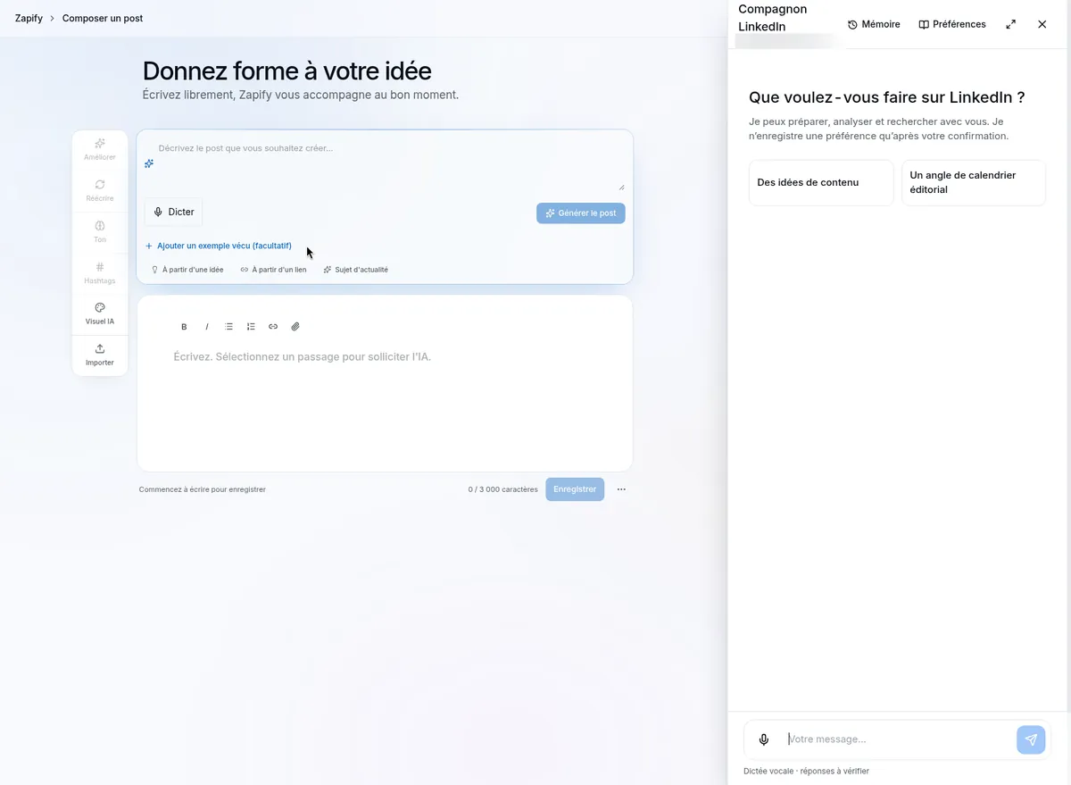 Compagnon LinkedIn de Zapify ouvert à côté de l'éditeur, avec des suggestions d'idées de contenu et d'angle de calendrier éditorial