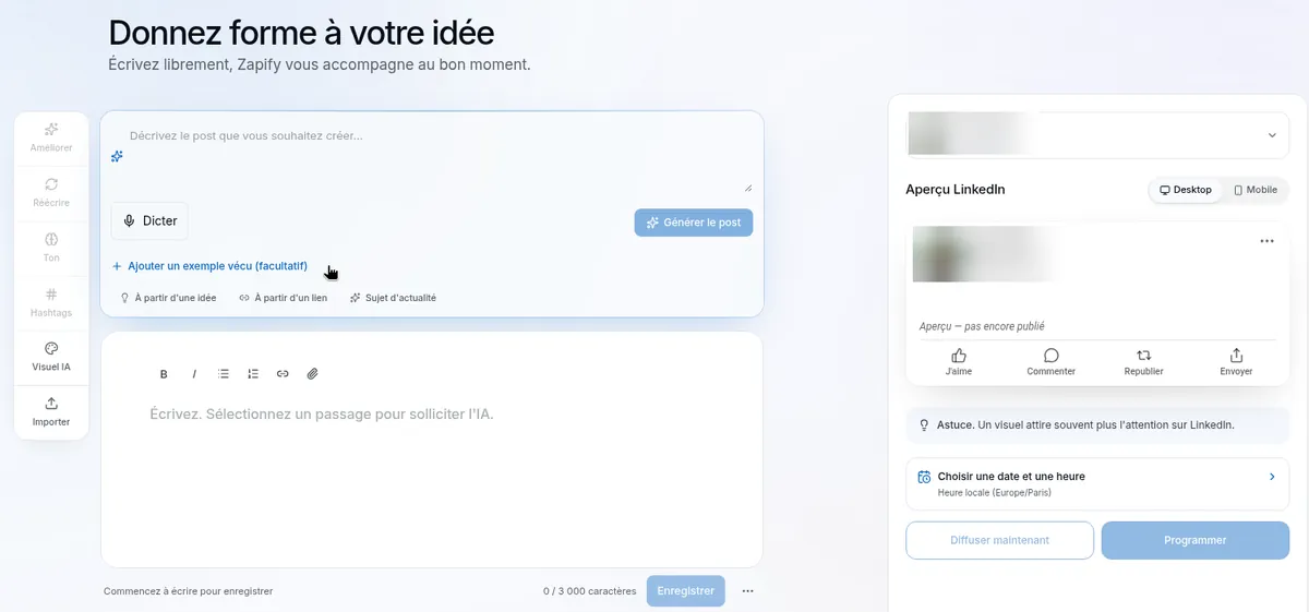 Éditeur de post LinkedIn de Zapify : description du post, génération par l'IA, barre de mise en forme, aperçu LinkedIn et programmation