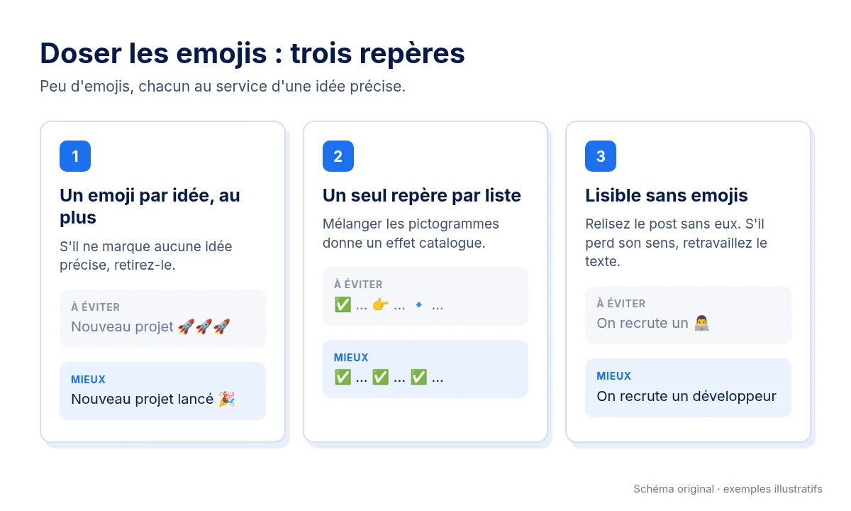 Trois repères pour doser les emojis LinkedIn : un emoji par idée au plus, un seul type de repère par liste, et un post qui se comprend encore sans ses emojis. Schéma original.