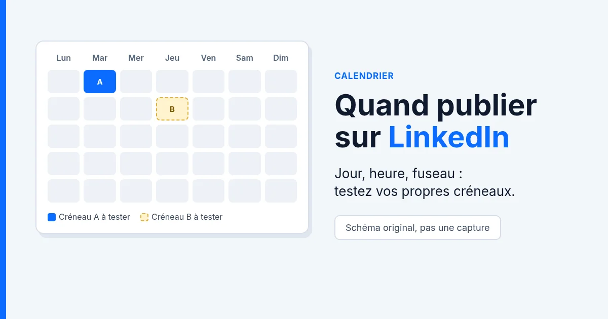 Grille d'une semaine du lundi au dimanche avec deux créneaux à tester, à côté du titre Quand publier sur LinkedIn.