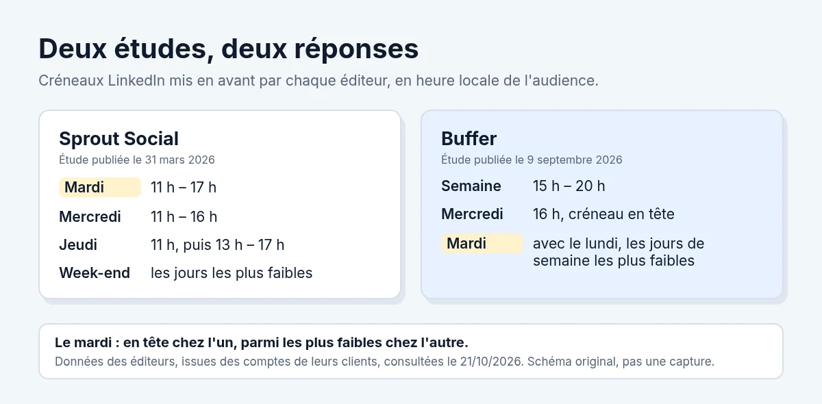 Comparaison des créneaux mis en avant par Sprout Social (mardi à jeudi, fin de matinée et après-midi) et par Buffer (semaine, 15 h à 20 h, mercredi 16 h en tête), avec le mardi classé différemment par les deux études. Schéma original.