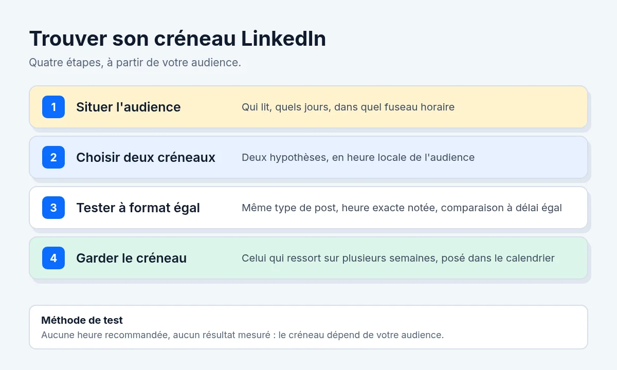 Méthode en quatre étapes pour trouver son créneau LinkedIn : situer son audience et son fuseau, choisir deux créneaux à tester, publier le même format en notant l'heure exacte, puis garder le créneau qui ressort. Schéma original, sans données.