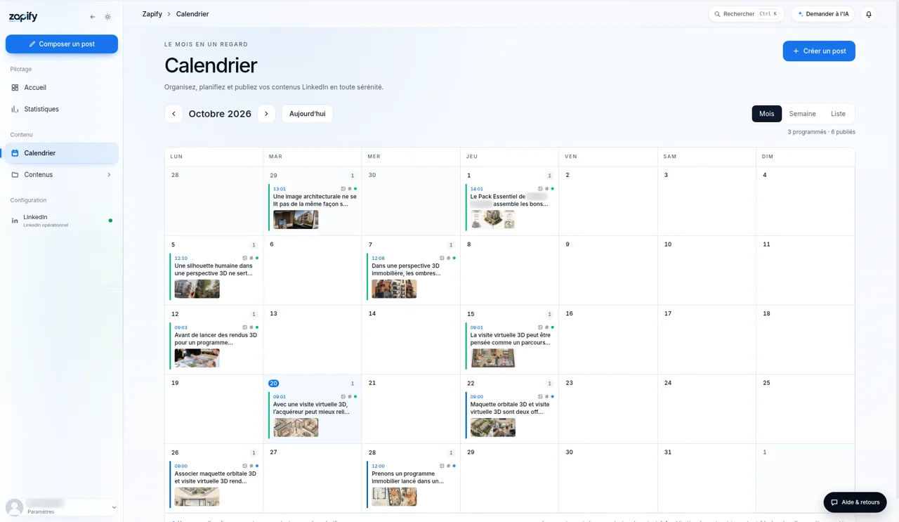 Calendrier éditorial de Zapify : le mois affiché avec les posts déjà datés.