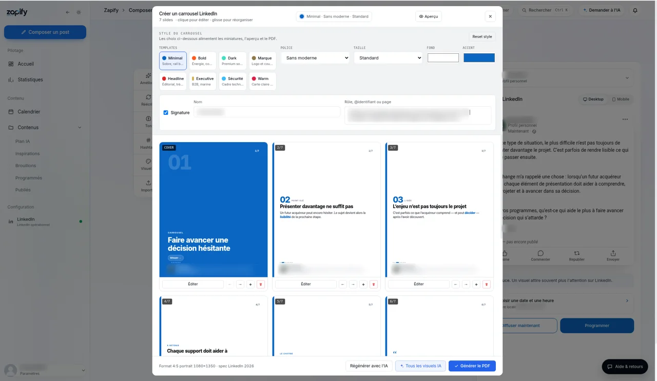 Fenêtre carrousel de Zapify : des slides générées, à relire avant de publier le document.