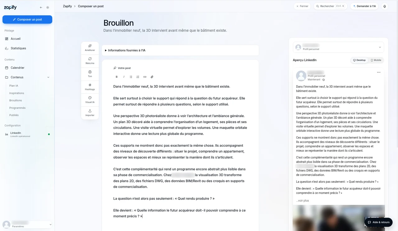 Copilote de rédaction Zapify : le texte du post à gauche et l'aperçu LinkedIn à droite.