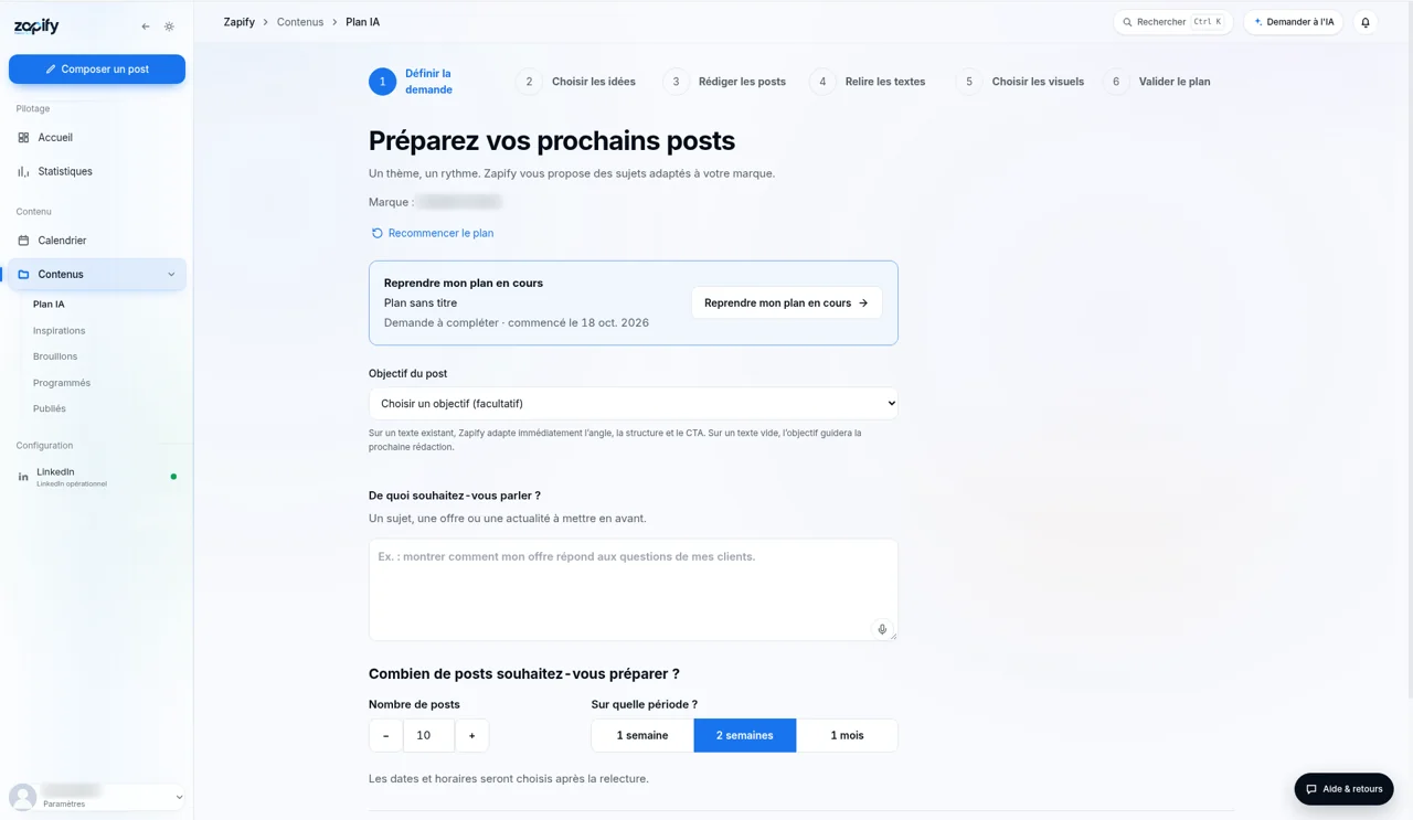 Plan IA de Zapify : le thème, le nombre de posts et la période à choisir avant de préparer le plan.