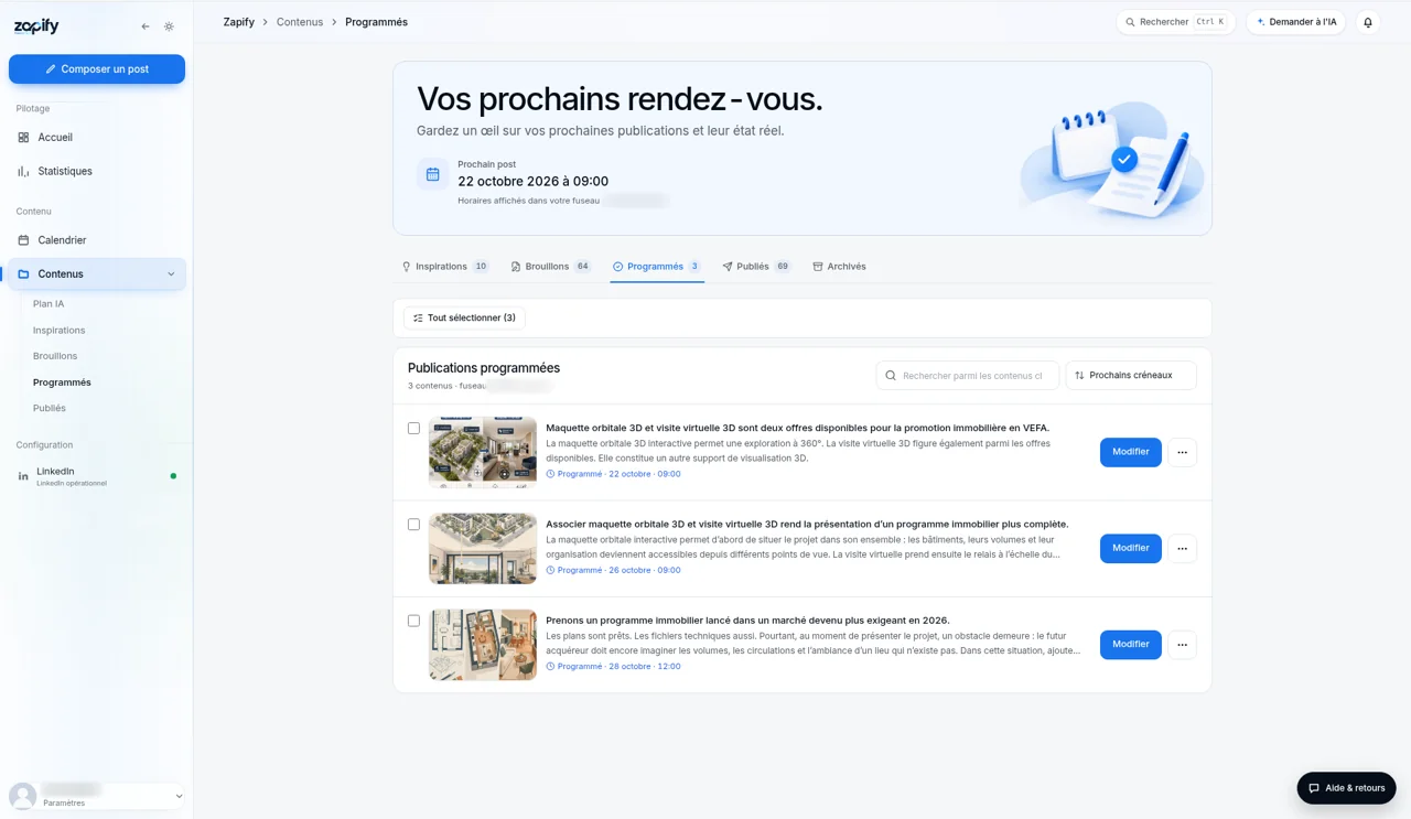 Publications programmées dans Zapify : les prochains posts et leur date d'envoi.