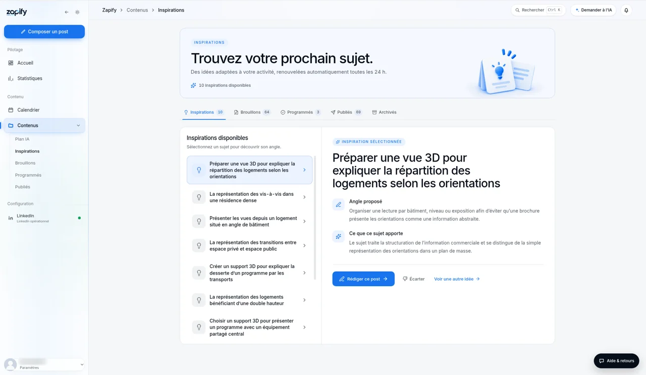 Recherche de sujets dans Zapify : des inspirations proposées et le détail d'une idée sélectionnée.