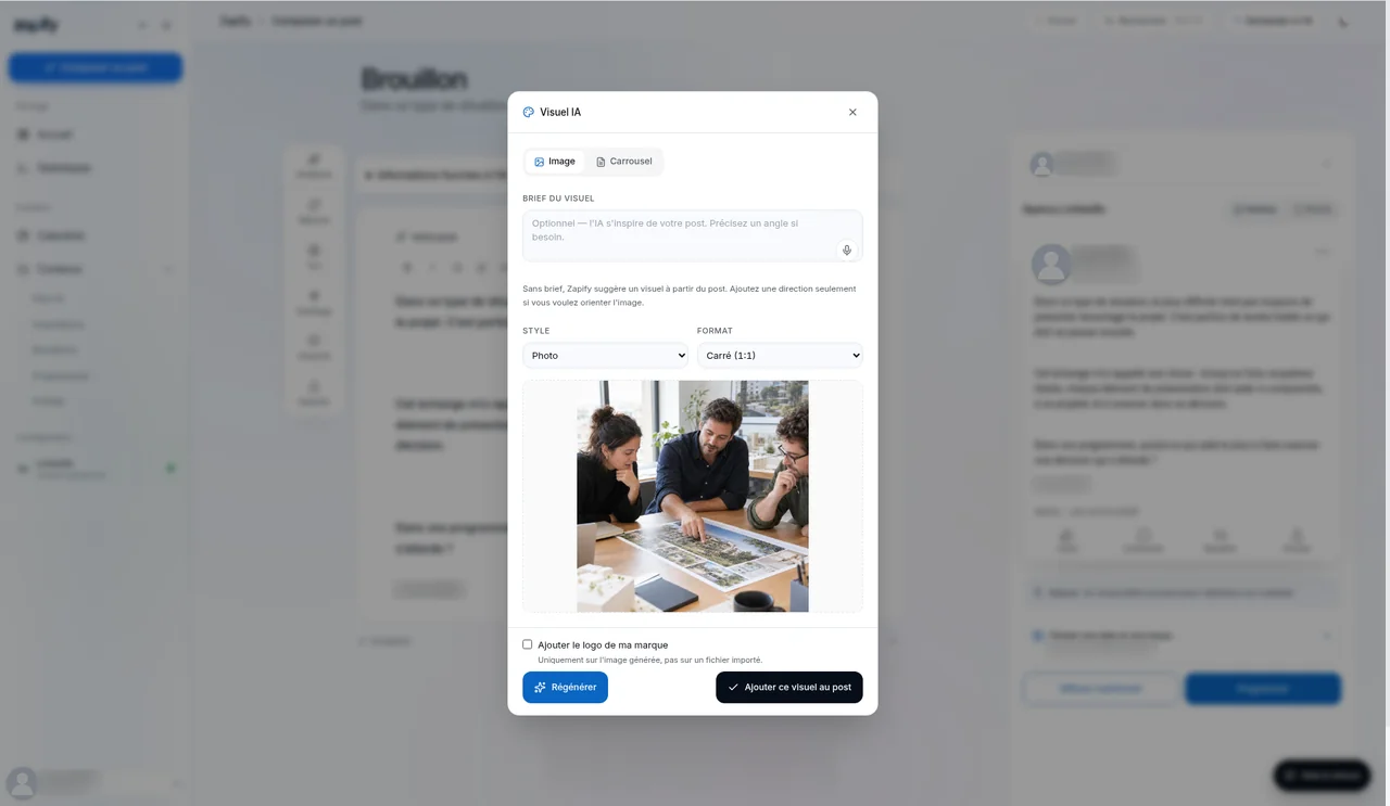 Fenêtre Visuel IA de Zapify, avec une image générée pour accompagner le post.